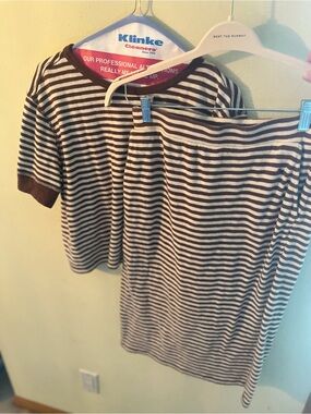 Clare V Brown and White Striped Kids Short Sleeve Top & Skirt Set